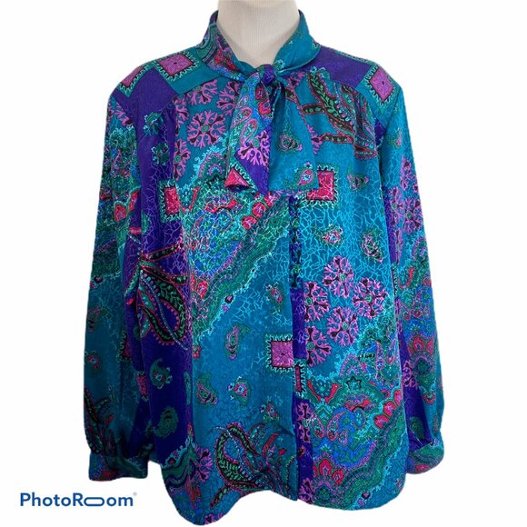 Vintage Tan Jay Womens Blouse Hidden Buttons Bow Size 12 Blue - Picture 1 of 8